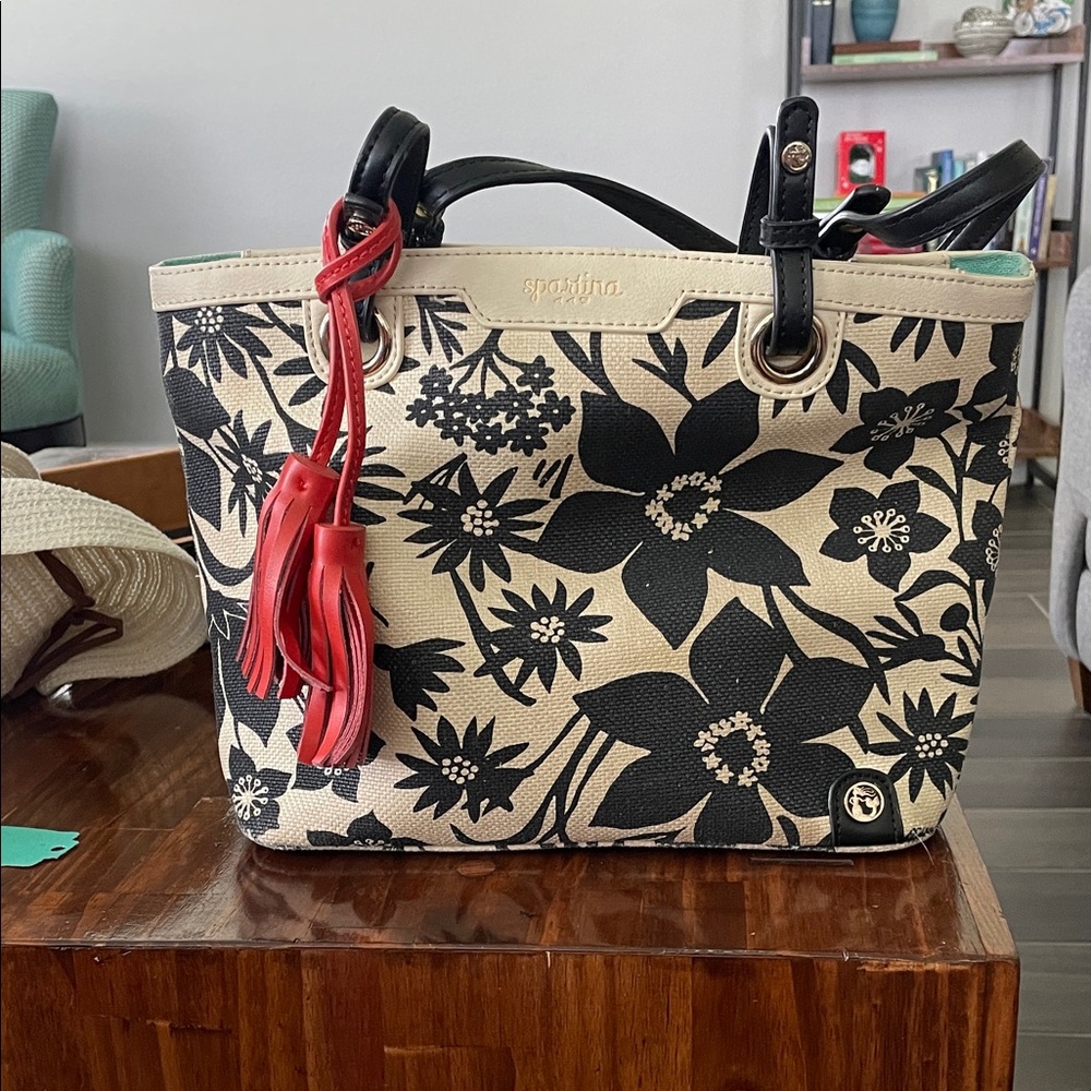Spartina 449 Black and Cream Floral Tote with Red Accents